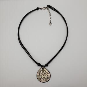 Retired Silpada Carved Lip Shell Pendant on Brown Leather Cord Necklace N1446